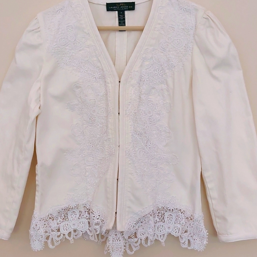 Lauren Jeans Co Off White Denim Jacket With Lace Trim